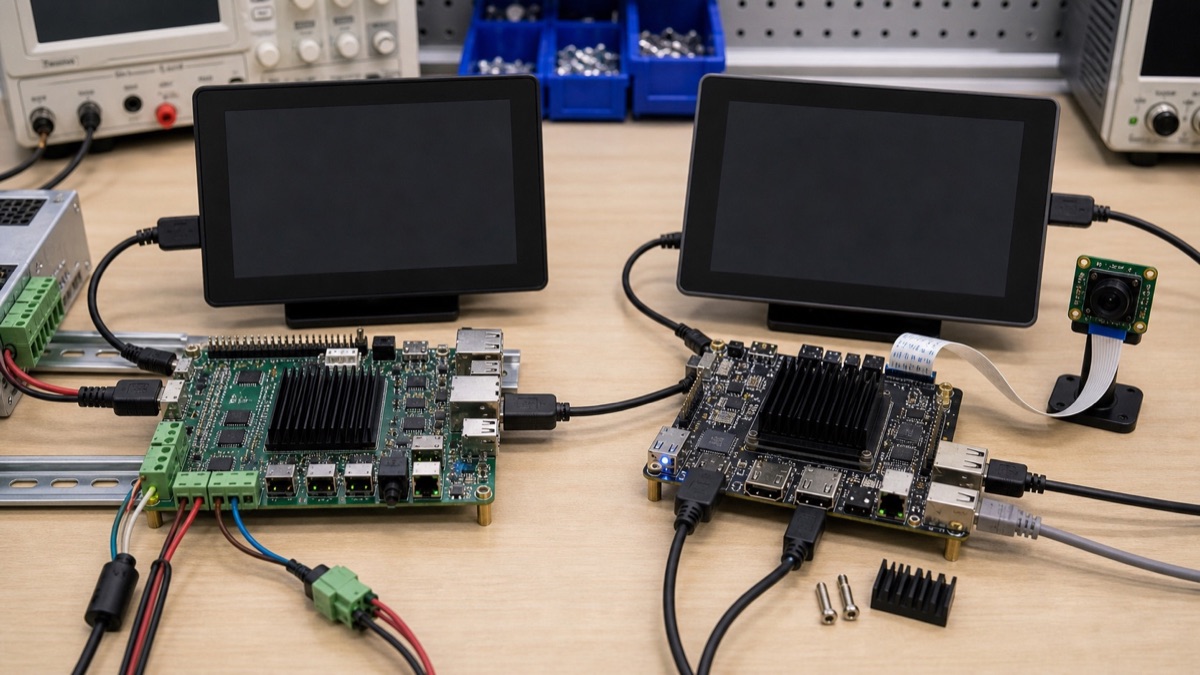 RK3576 and RK3568 comparison bench with edge HMI display, camera module, Ethernet, and industrial I/O