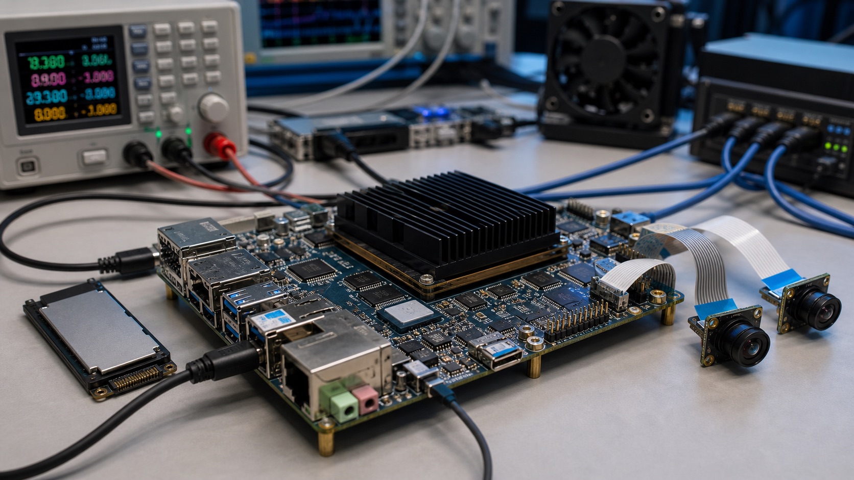 High-performance edge AI SBC with large heatsink cameras NVMe and power analyzer