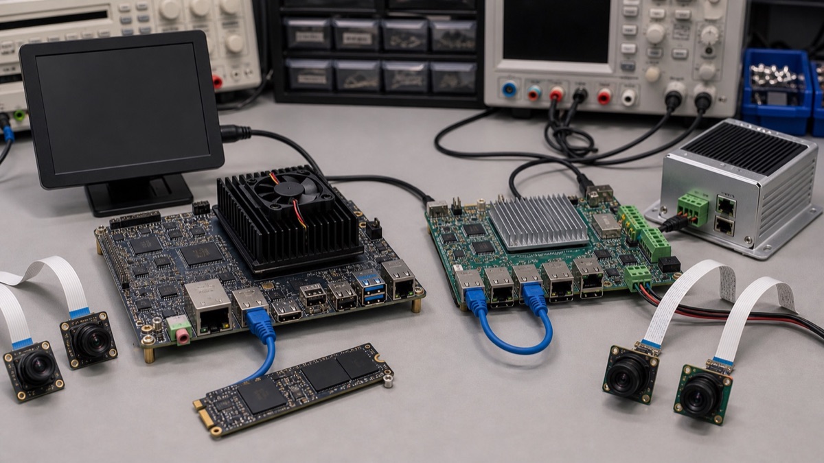 RK3588 and i.MX8M Plus edge AI comparison bench with cameras, heatsink, display, and Linux modules