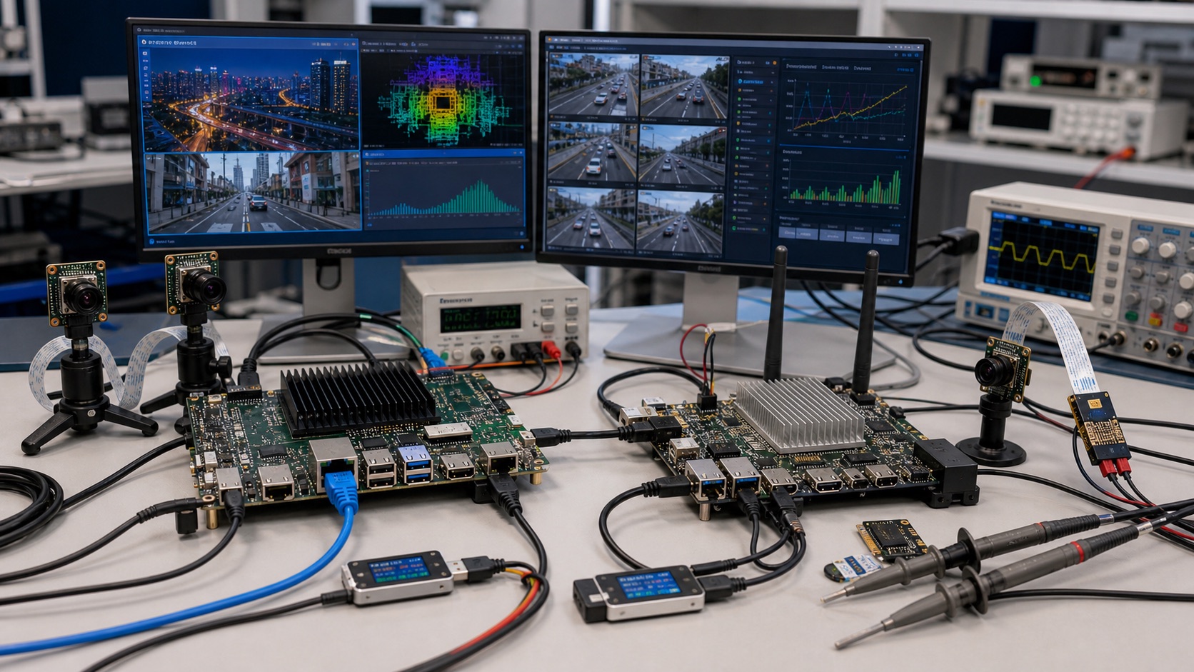 RK3588-class and Qualcomm QCS6490-class edge AI development boards compared on a lab bench with cameras, displays, antennas, power meters, and thermal probes