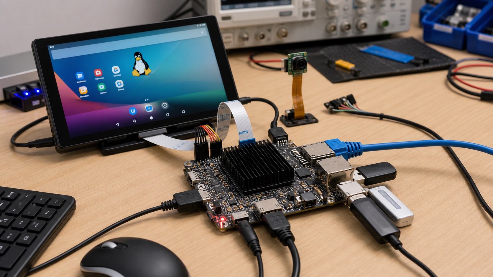 Android and Linux embedded board test bench with touch panel and camera cable