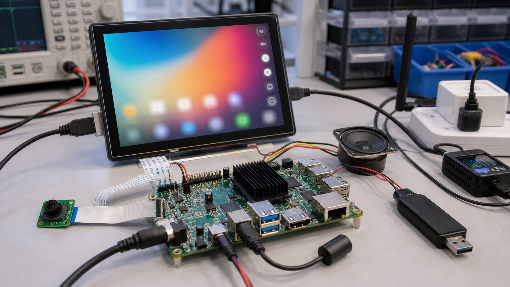Android SBC validation setup with touchscreen camera ribbon speaker and power meter
