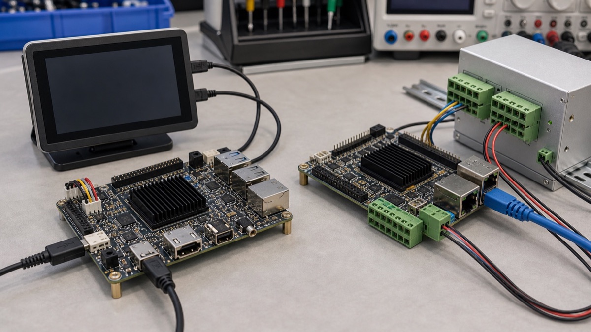 Rockchip RK356x evaluation bench with two mid-range SBC boards, display panel, Ethernet, and terminal blocks