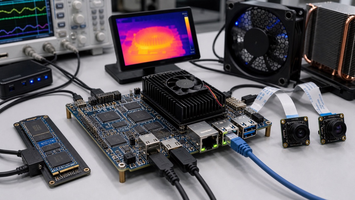 High-performance RK3588-class SBC validation bench with heatsink, dual cameras, NVMe, Ethernet, and power analyzer