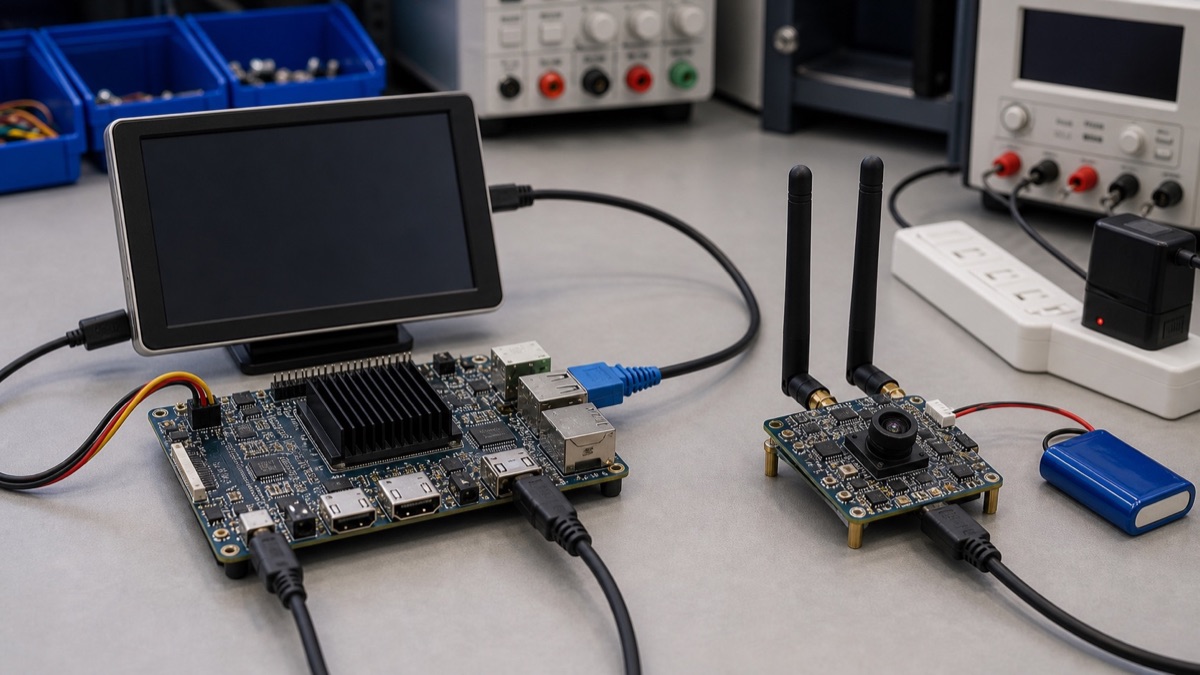 Rockchip and Qualcomm style embedded boards compared with Android display, camera module, antennas, and power test equipment