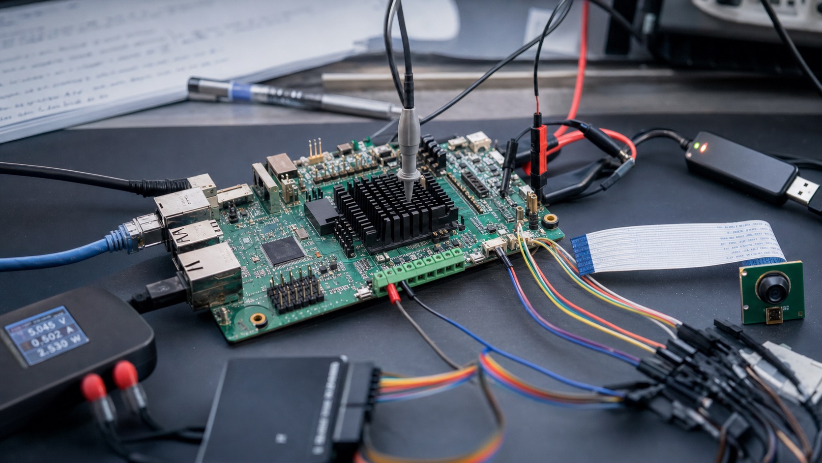 Embedded SBC validation bench with probes, cables, camera module, and measurement tools