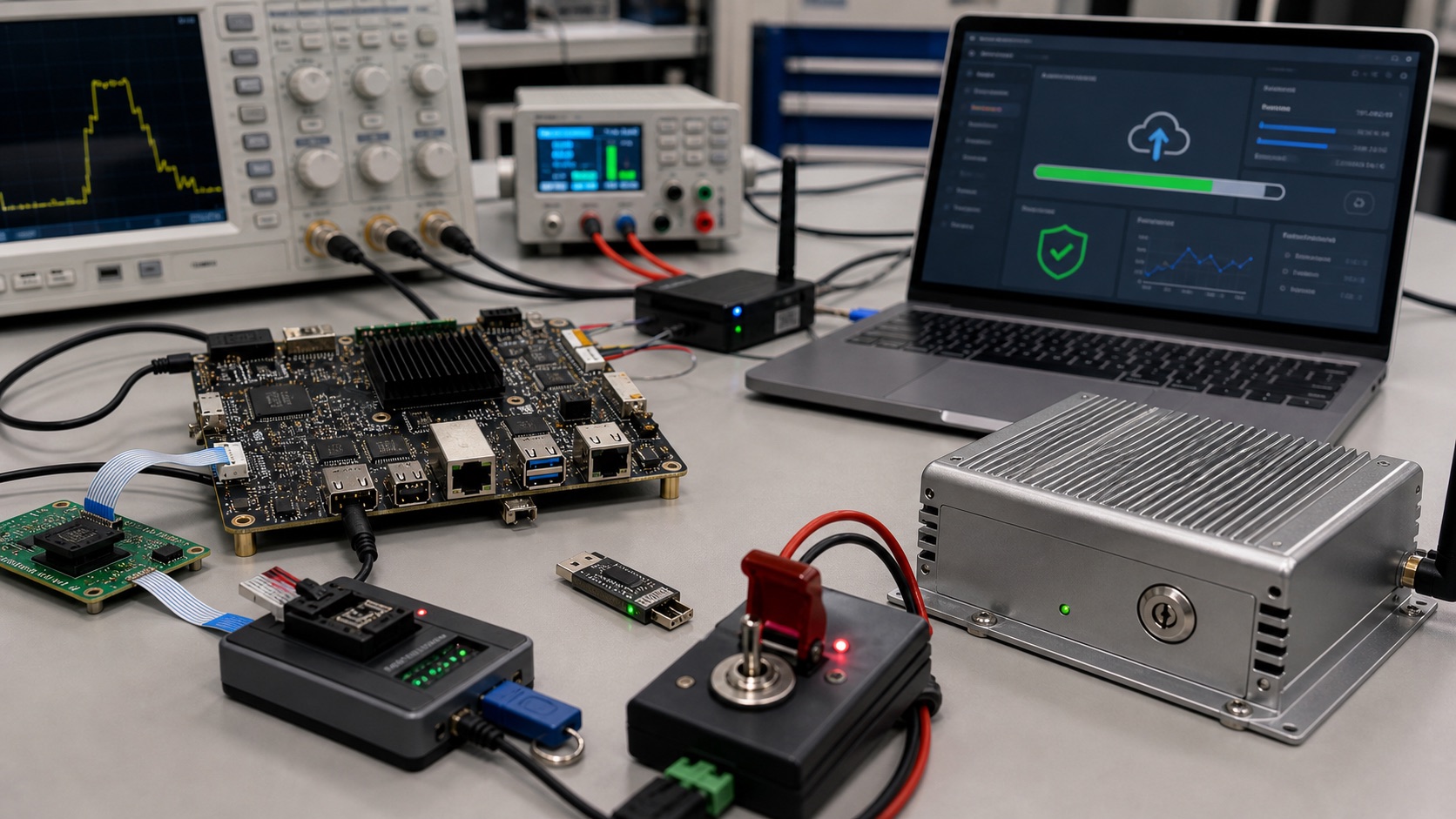 Secure boot and OTA validation bench with embedded board, eMMC programmer, security token, enclosure, power interruption switch, and update dashboard