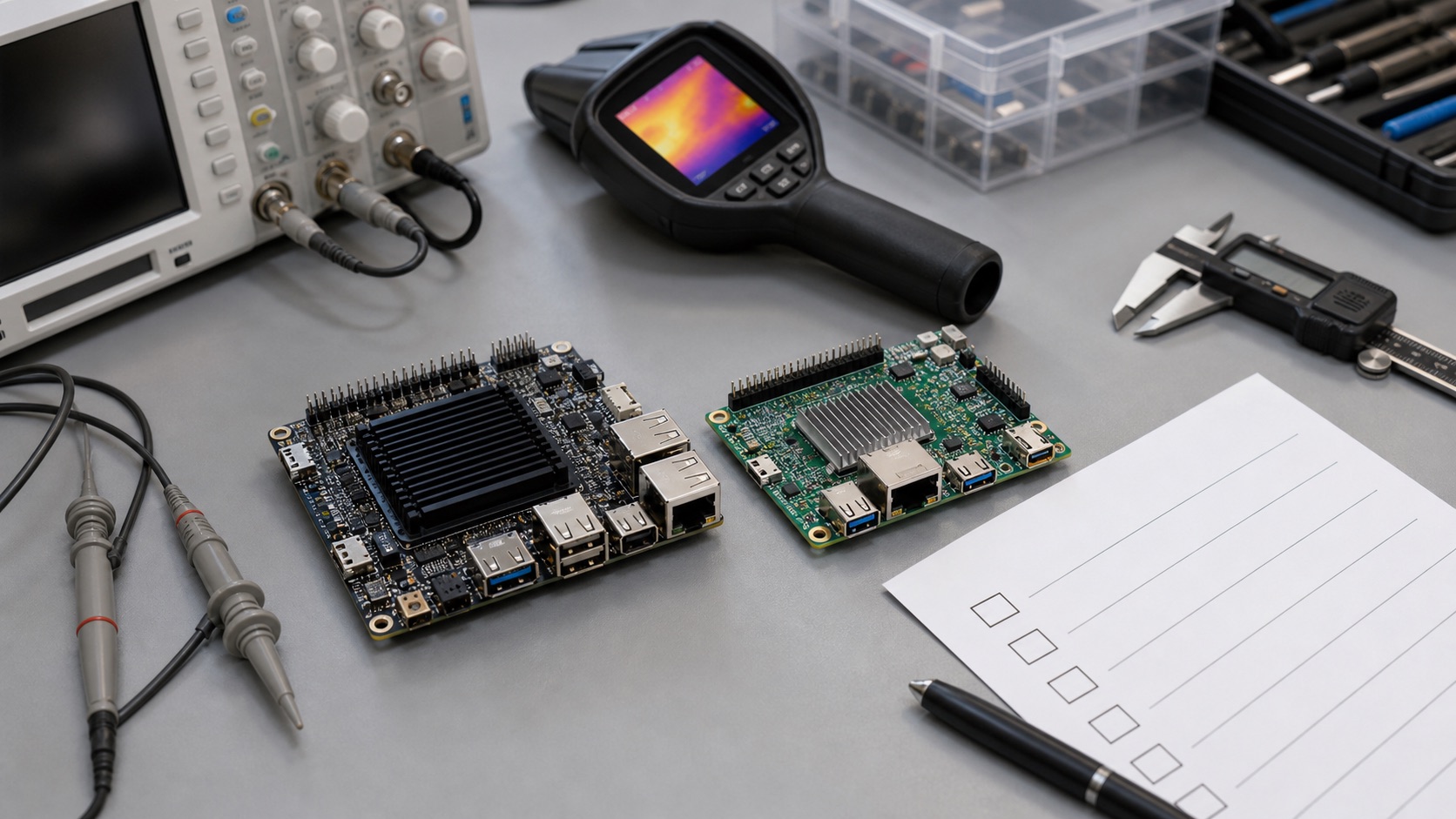 Two embedded SBC boards on a lab bench for SoC comparison