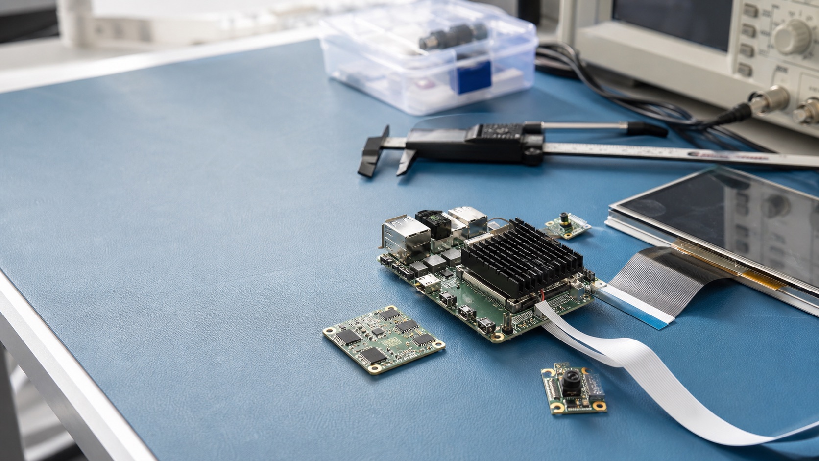 Embedded SoC selection lab bench with SBC hardware, display cables, and engineering tools