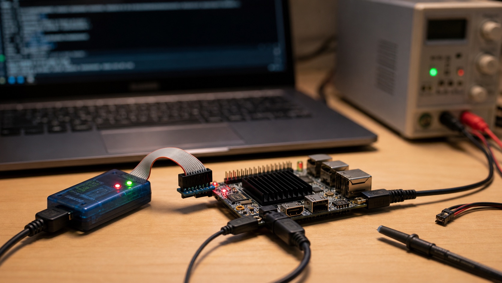 Embedded BSP debugging bench with serial adapter, laptop, and development board