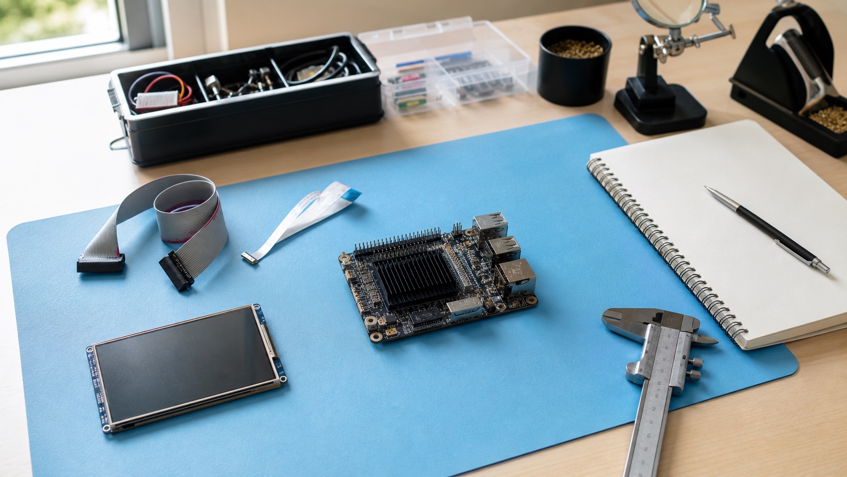 Embedded SoC beginner lab bench with SBC, display cables, notebook, and tools