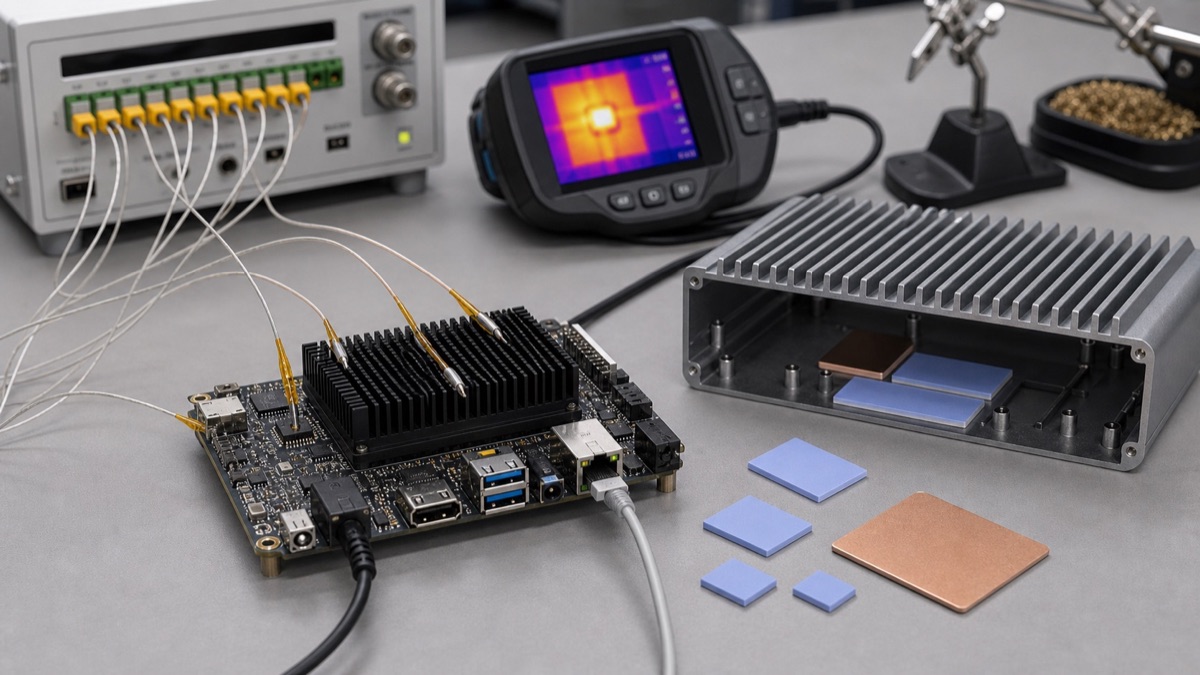 Fanless embedded SBC thermal test bench with heatsink, enclosure shell, thermal camera, and power supply