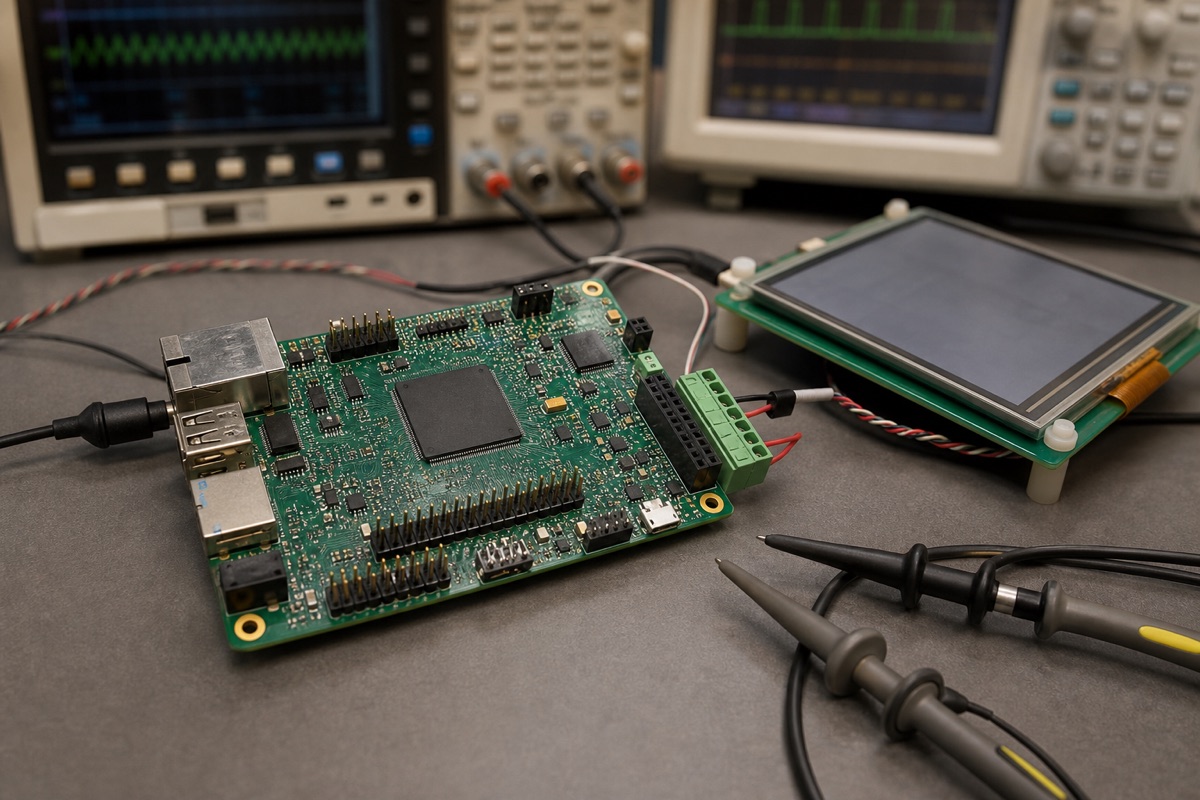 TI AM335x Guide evaluation bench with embedded board cables display and test equipment