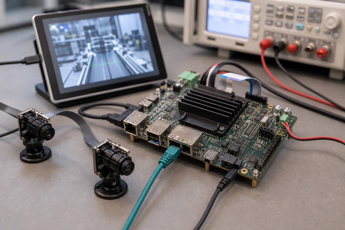 TI AM62A Guide evaluation bench with embedded board cables display and test equipment