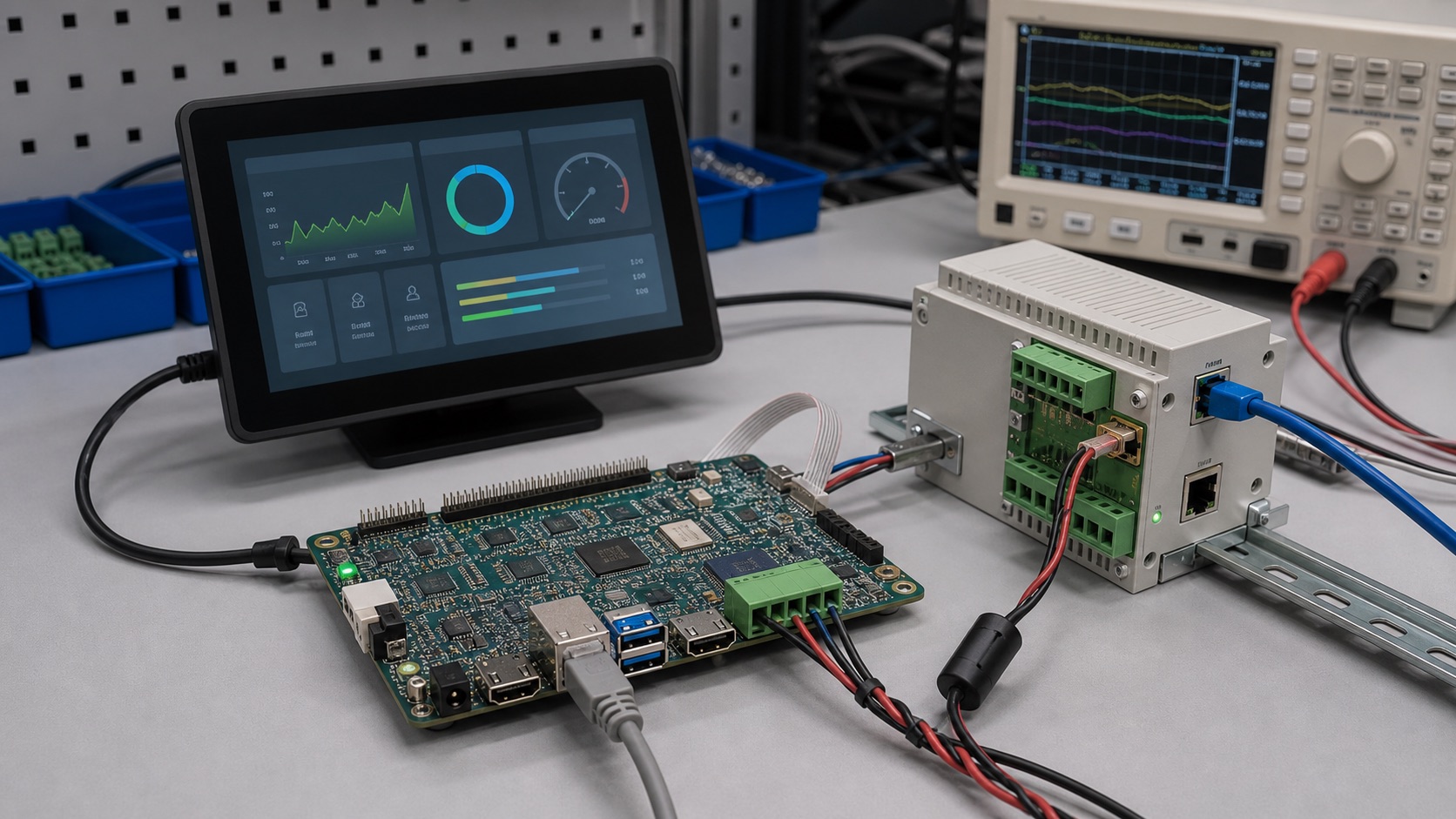Low-power industrial Linux HMI gateway prototype with compact SBC and terminal blocks