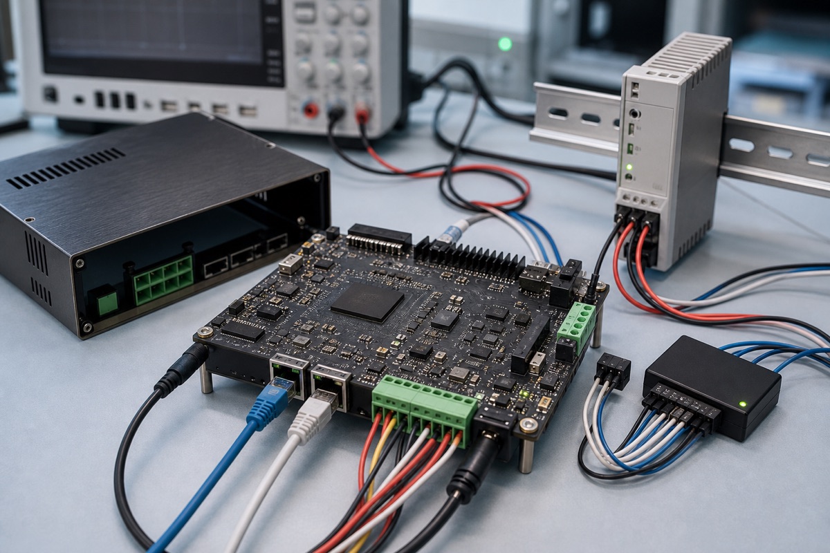 TI AM64x Guide evaluation bench with embedded board cables display and test equipment