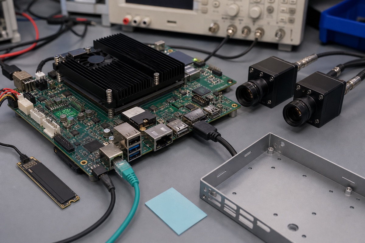TI AM68A Guide evaluation bench with embedded board cables display and test equipment