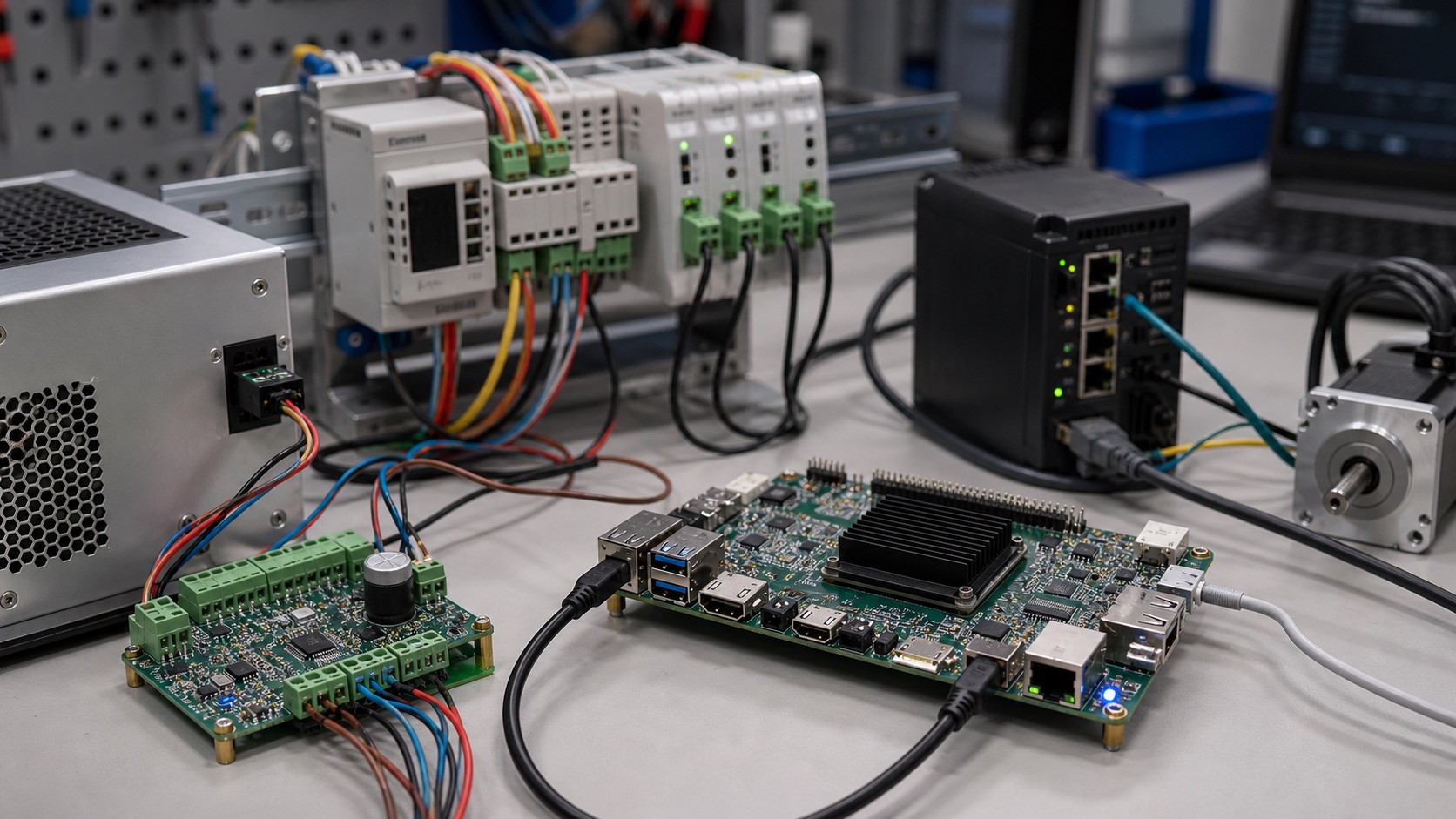 Industrial control processor bench with Linux SBC wiring and terminal blocks