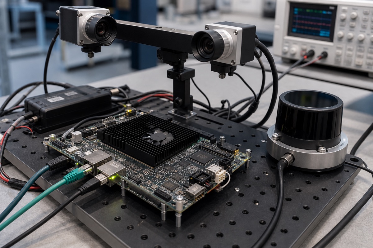 TI TDA4 Guide evaluation bench with embedded board cables display and test equipment