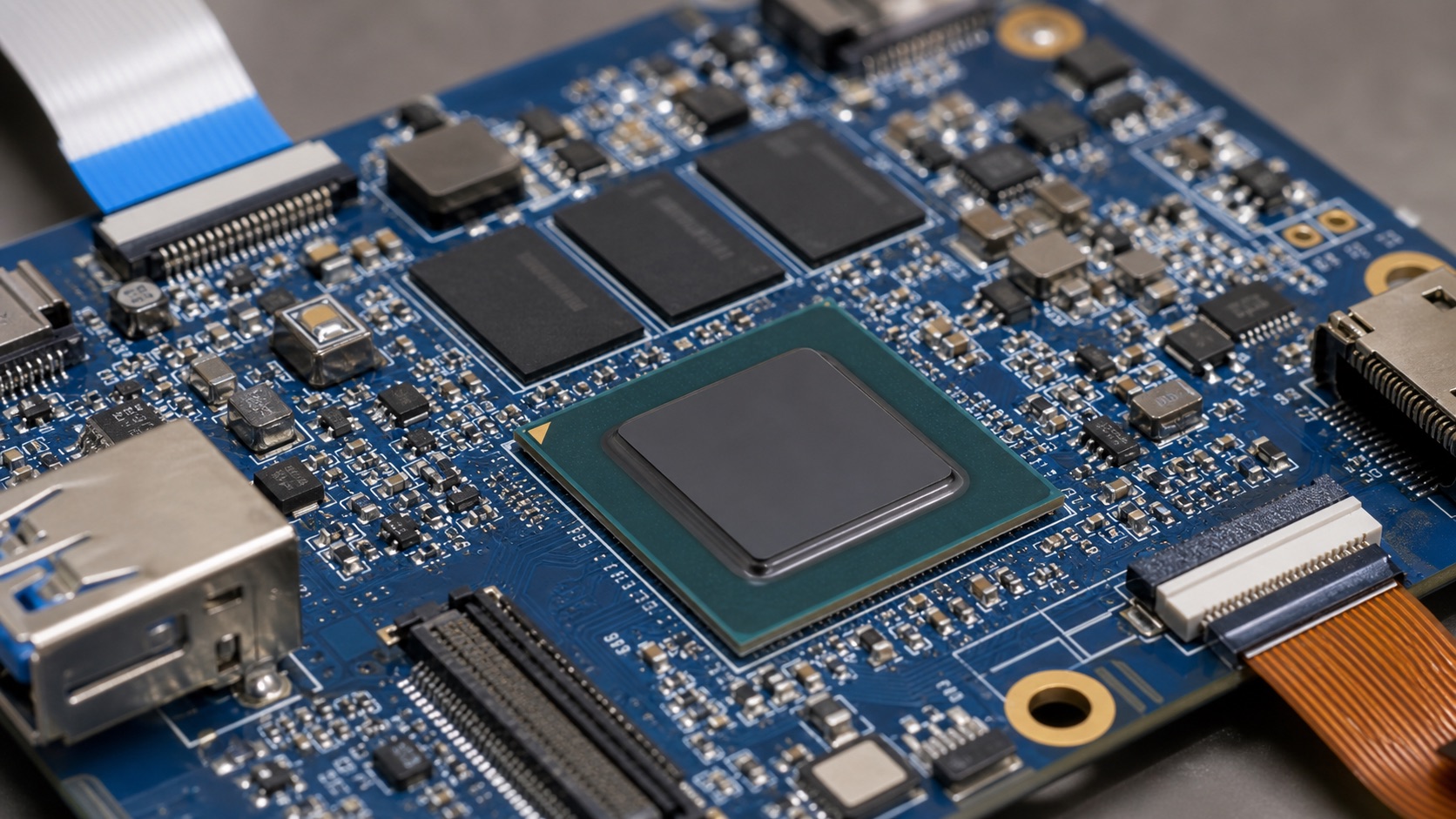 Close-up of integrated embedded SoC hardware on a development board