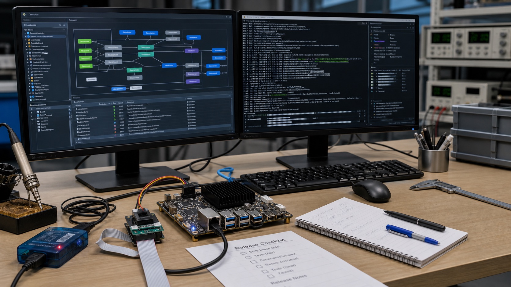 Embedded Linux build workstation comparing Yocto and Buildroot workflows with ARM board, programmer, release checklist, and firmware build monitors